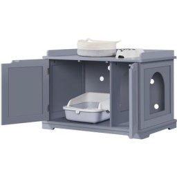 Maison de Toilette pour Chat, Meuble Cache Litière pour Chat, 2 Portes, 1 Cloison Amovible, 7 Trous