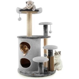 Arbre à Chat Hauteur 102 cm, Tour d'arbre à Chat à 6 Niveaux avec Griffoirs, 3 Boules en Peluche et