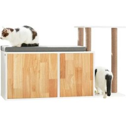 FSR135-WN Banc à Litière pour Chat avec Griffoir, Meuble Litière Chat, Maison de Toilette Chat avec
