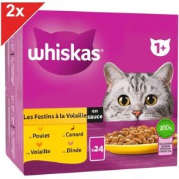 Whiskas - 48 Sachets fraîcheur en sauce 4 variétés volaille pour chat 85g (2x24)