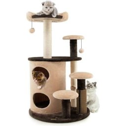 Arbre à Chat Hauteur 102 cm, Tour d'arbre à Chat à 6 Niveaux avec Griffoirs, 3 Boules en Peluche et