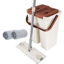 Balai Magique et Seau Essoreur Set + 2 Serpillères Balai Plat Rotatif à 360° et Seau Kaki - Guoyihua