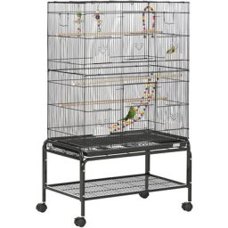 Cage à oiseaux sur roulettes - étagère, plateau déjection, 3 perchoirs, 4 mangeoirs, 2 portes, 8