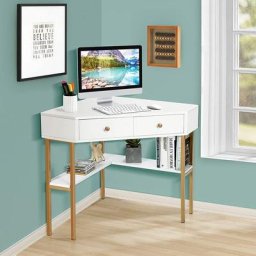Table Bureau d'Angle avec 2 Tiroirs/Table Imformatique pour Ordinateur avec Etagère de Rangement