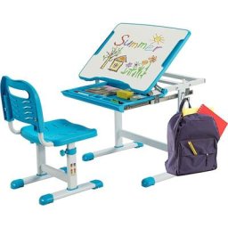 Costway - Bureau Enfant à Hauteur Réglable Inclinable 0-45°, Ensemble Table et Chaise avec Plateau,