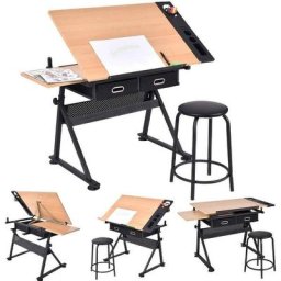 Table à Dessin Inclinable Bureau à Dessin 15MM mdf avec Tabouret 2 Grands Tiroirs Hauteur Réglable