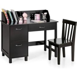 Bureau Enfant d'Étude en Bois avec Chaise-2 Placards,1 Tiroir et Organisateurs Dessus de