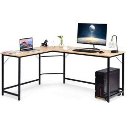 Bureau Informatique d'angle en Forme de l en Bois et Métal avec 6 Pieds Réglables, Poste de Travail