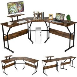 Bureau d'Angle,Table Informatique en Forme de l avecort Mobile d'Écran de pc Marron - Costway