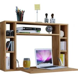 Wandila Bureau mural pour ordinateur portable, 7 compartiments, imitation chêne miel. - Naturelle