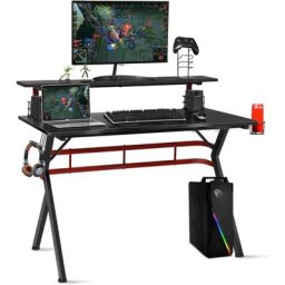 Bureau Gaming pour Gamer Professionnel avec Porte-gobelet, Crochet pour Casque, Support pour