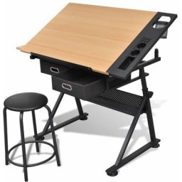 Vidaxl - Table à dessin inclinable 2 tiroirs et tabouret Brun