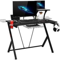 Bureau Gaming, 132 x 60 x 101CM, Table de Travail Informatique pour Gamer avec Tablette, 1 Panier,