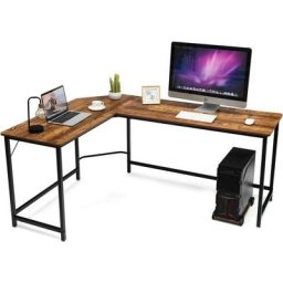 COSTWAY Bureau/Table Informatique,Bureau/Table d’Angle Ordinateur Coin en Bois et Métal avec 6