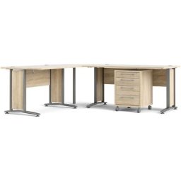 Prisme Bureau d'angle 305 avec conteneur roulant, finition chêne.