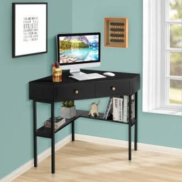 Table Bureau d'Angle avec 2 Tiroirs/Table Imformatique pour Ordinateur avec Etagère de Rangement
