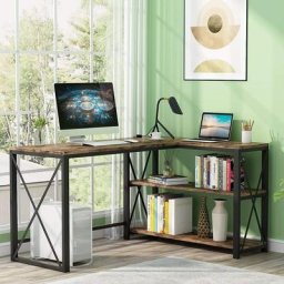Bureau d'angle, Table Informatique en Forme de l, avec 2 étagères, Style Industriel, Table d'étude