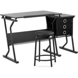 Table à Dessin Architecte Planche Inclinable 90x60cm + Petite Table + Tabouret - Noir