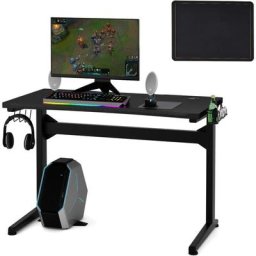 COSTWAY Bureau Gamer Ergonomique, Bureau Informatique avec Porte-Gobelet, Support pour Casque et
