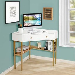 Table Bureau d'Angle avec 2 Tiroirs/Table Imformatique pour Ordinateur avec Etagère de Rangement