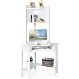 Bureau d'Ordinateur d'angle avec Niche, avec Plateau pour Clavier et Étagères de Rangement, Bureau