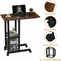 Table Roulante, Table d'Appoint Mobile Réglable en Hauteur, Table Multiusage avec 4 roulettes et 2