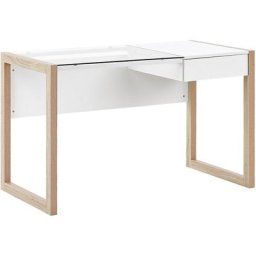 Beliani - Bureau avec Plateau en Verre de Sécurité et Piétement Effet Bois Clair et Blanc et Tiroir