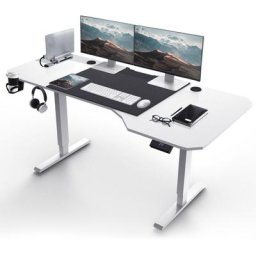 Devoko - Bureau en l de 160CM, réglable en hauteur, avec support pour écouteurs, Blanc