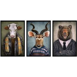 Trio portrait Gentleman animals, Set de 3 affiches d'art - 90x45cm