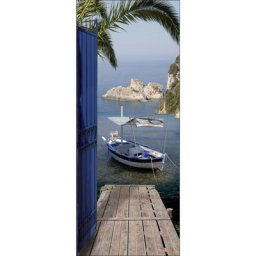 Sticker décoratif pour porte, trompe l'oeil porte en fer bleu, vue sur la mer avec un ponton, pêche