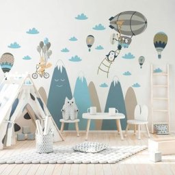 Stickers enfant montagnes scandinaves animaux en voyage 90 x 135 cm