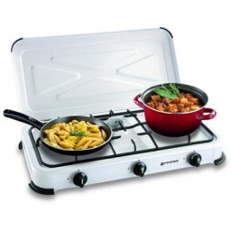 Réchaud gaz portable 3 feux 3450W Blanc laqué Couvercle Plaque de cuisson Kemper