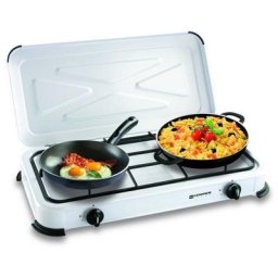 Réchaud gaz portable 2 feux 2600W Blanc laqué Couvercle Plaque de cuisson Kemper