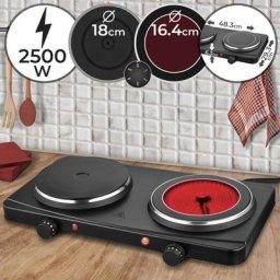 Jago® Plaque de Cuisson - Double, Portable, 2500 W, Brûleurs : Infrarouge et Fonte, Aluminium et