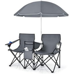 Costway - Chaise de Camping Pliante, Fauteuil de Jardin 2 Places avec Glacière, Porte-gobelet,