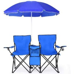Goplus - Chaise de Camping Pliante 2 Places avec Parasol, Poche Isotherme et Porte-gobelet,Fauteuil