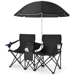 Costway - Chaise de Camping Pliante, Fauteuil de Jardin 2 Places avec Glacière, Porte-gobelet,