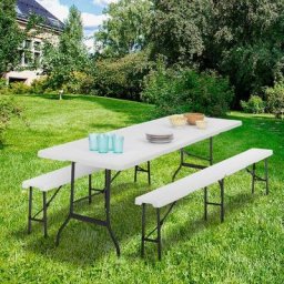 Table pliante d'appoint portable 180 cm et 2 bancs pliables pour camping ou réception - Gris