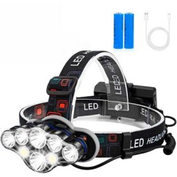 Lampe frontale, 18000 lumens 8 LEDs 8 modes, superbe lampe frontale led rechargeable par usb