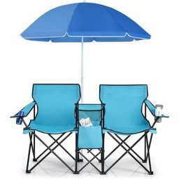 Costway - Chaise de Camping Pliante, Fauteuil de Jardin 2 Places avec Glacière, Porte-gobelet,