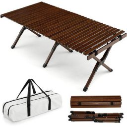 Costway - Table de Camping Pliante en Bambou à Latte Enroulable, Table Pliante Extérieure Charge