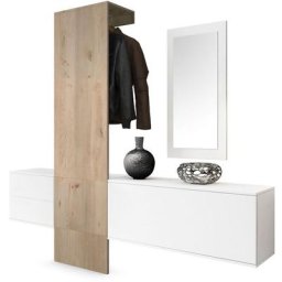 Vladon Garderobe Meubles d'entrée Carlton Set 1 Blanc - haute brillance & tons naturels - Panneau