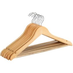 Cintres Bois Eco naturel, Lot de 8 cintres en bois avec barre pantalons et encoches jupes, crochets