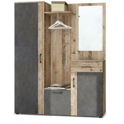 Meuble d'entrée style industriel L145cm avec rangements, étagère et miroir Triomphe Chêne et Gris