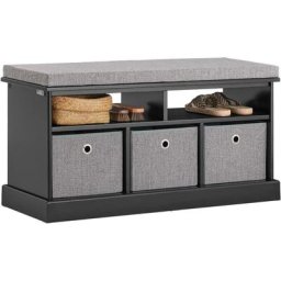 FSR67-SCH Banc de Rangement avec Coussin Rembourré, 2 Compartiments et 3 Paniers Meuble Bas Entrée