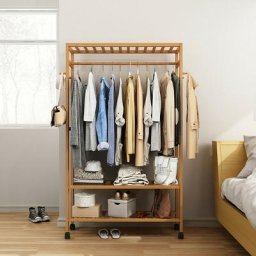 Porte-Manteau sur Pied en Bois à Roulettes Meuble d' Entrée Portant Amovible pour Vêtements