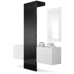 Garderobe Meubles d'entrée Carlton Set 3 Blanc - haute brillance & tons naturels - Panneau en Noir