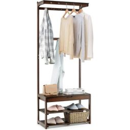 Portemanteau Meuble d'entrée/Vestiaire avec 10 Crochets Amovible, Banc et Étagère à Chaussures,