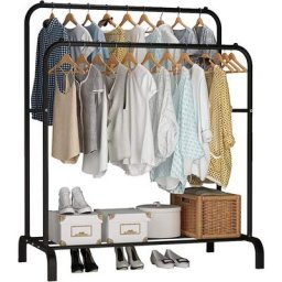 Porte Manteau Portant Vêtements Penderie Cintre Tiges Double avec étagère de Rangement Chaussures