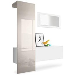 Garderobe Meubles d'entrée Carlton Set 4 Blanc - haute brillance & tons naturels - Panneau en Gris